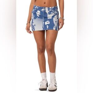 EDIKTED Face It Photo Print Blue & White Denim Mini Skirt